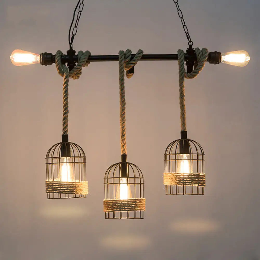 Rustic black metal and rope lantern shade pendant dining room light