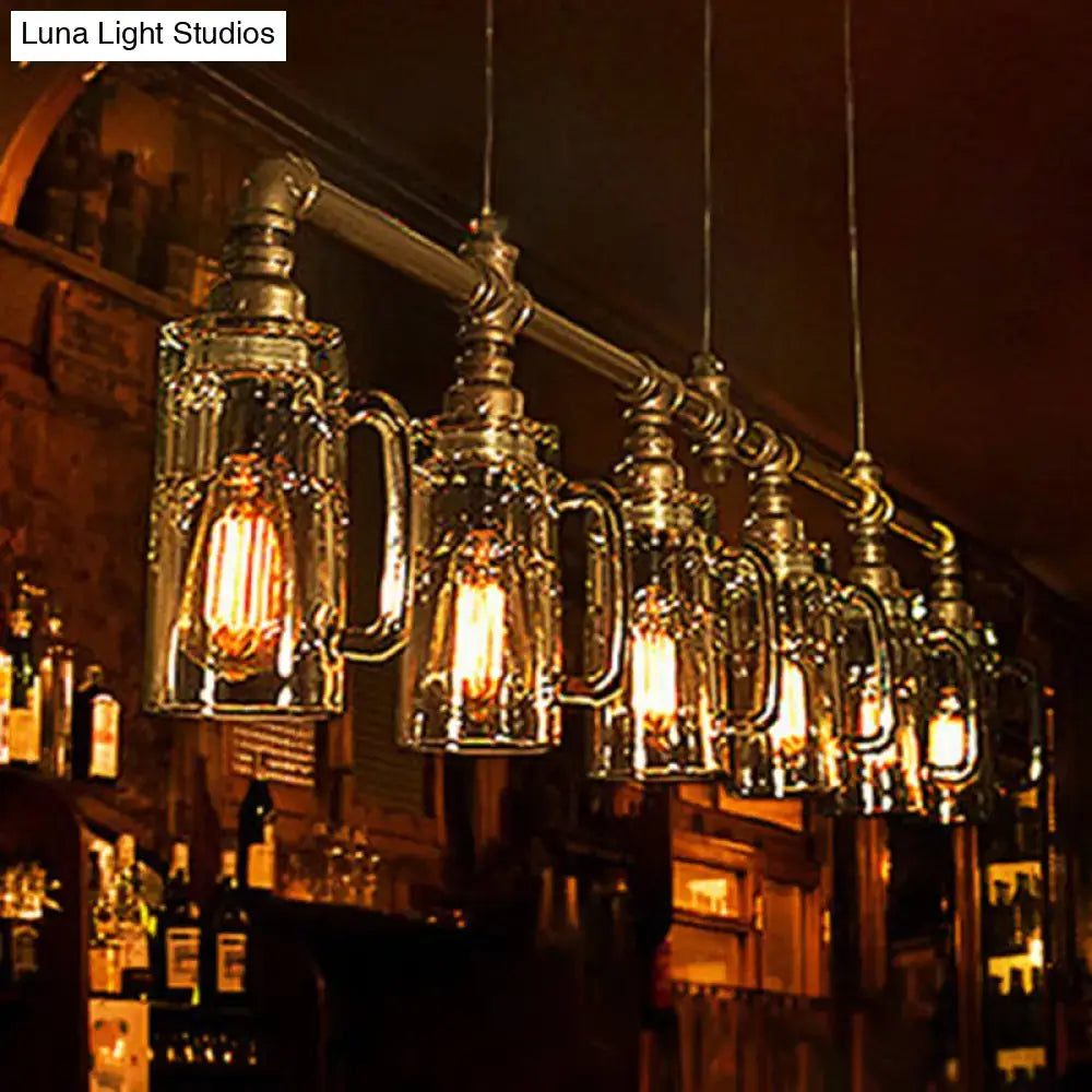 Industrial bronze pipe clear glass beer mug pendant light dining room
