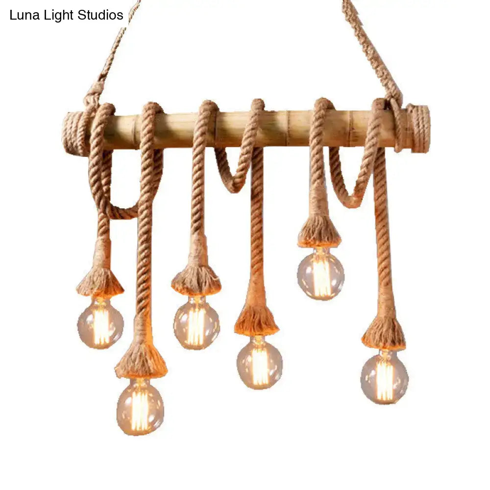 Rustic bare bulb bamboo pole chandelier dining room rope light