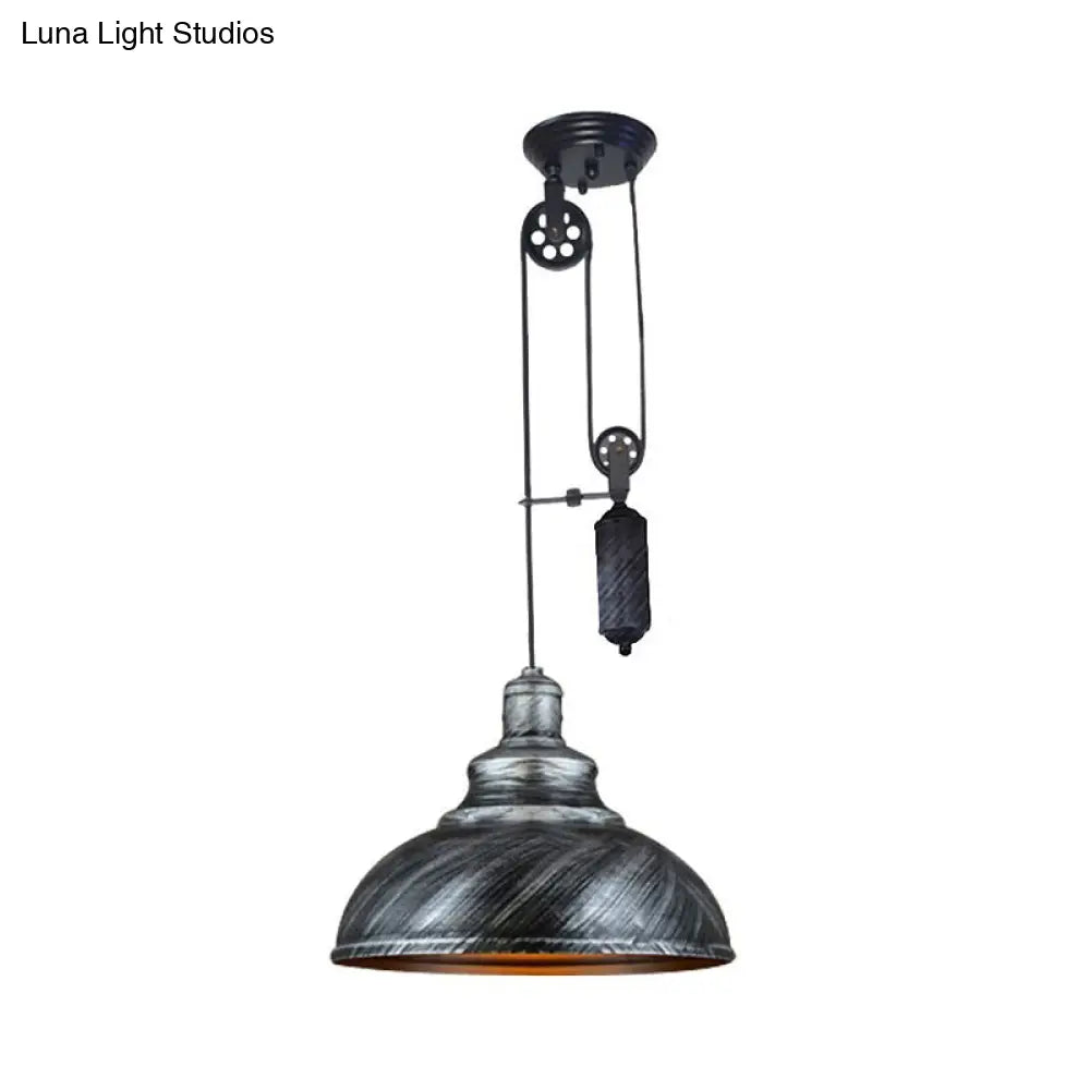 DecorBites™ Rustic Industrial Dome Pendant Lamp with Pulley - 1 Light Metal Fixture in Brown/Grey for Living Room Lighting