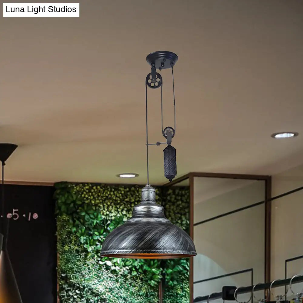 DecorBites™ Rustic Industrial Dome Pendant Lamp with Pulley - 1 Light Metal Fixture in Brown/Grey for Living Room Lighting