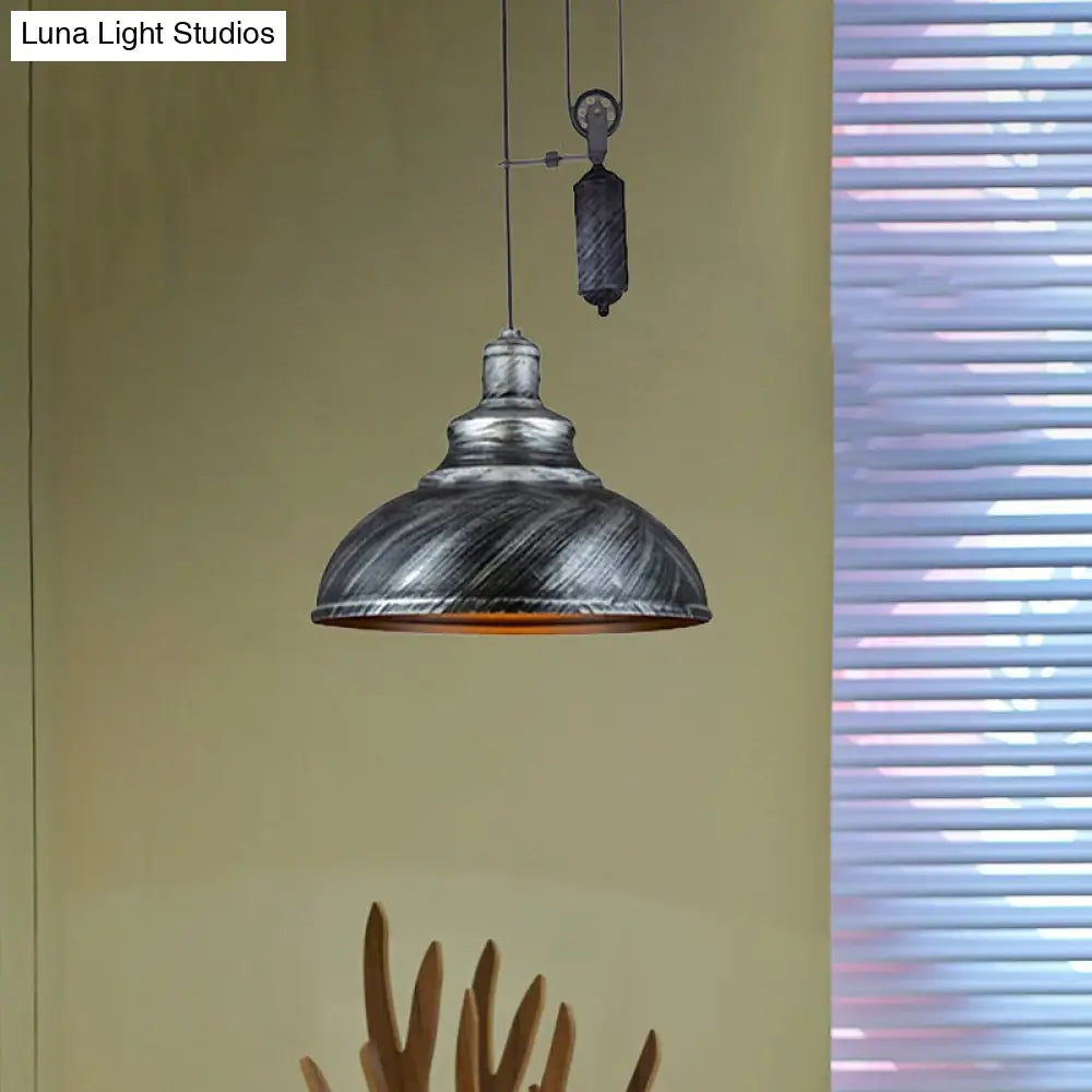 DecorBites™ Rustic Industrial Dome Pendant Lamp with Pulley - 1 Light Metal Fixture in Brown/Grey for Living Room Lighting