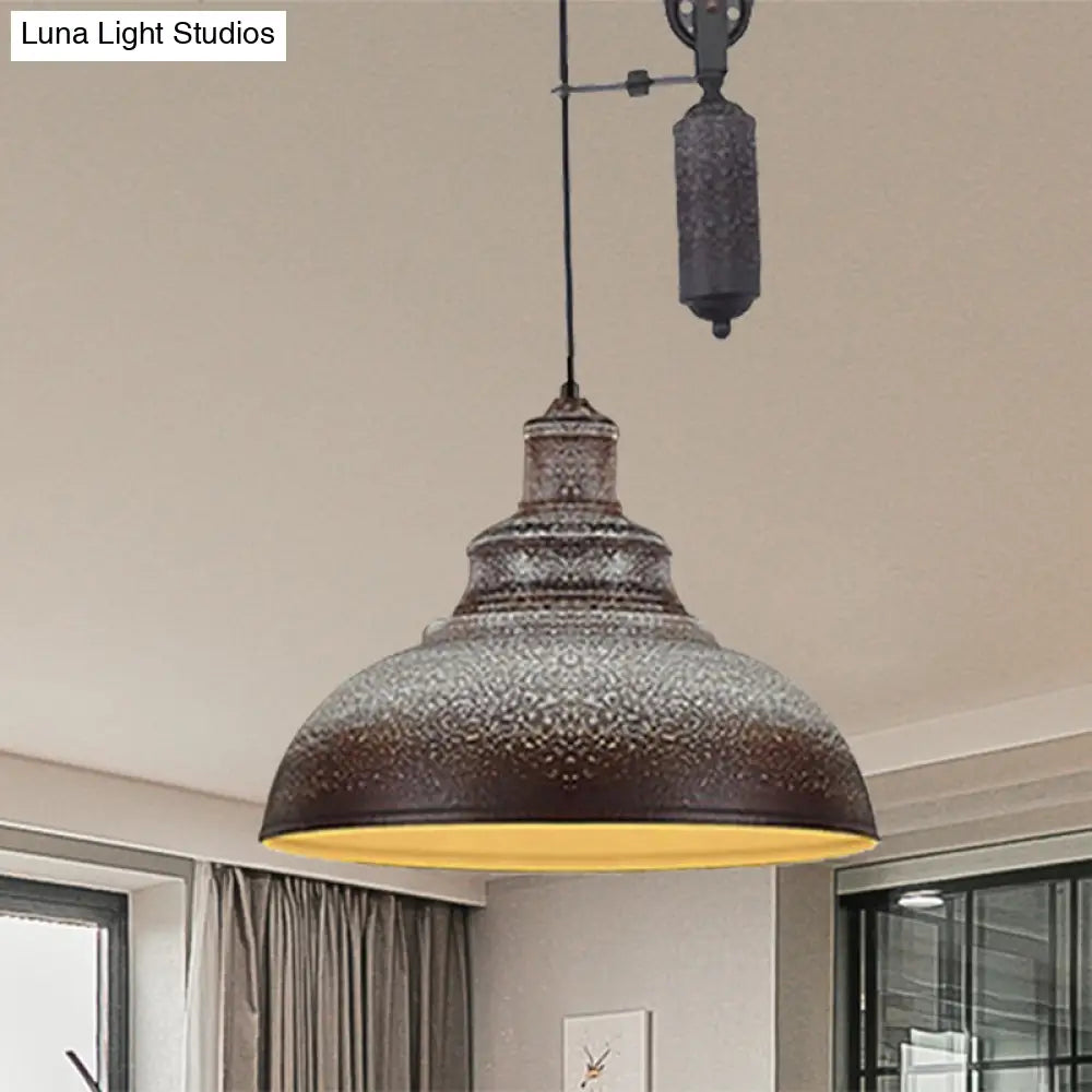 DecorBites™ Rustic Industrial Dome Pendant Lamp with Pulley - 1 Light Metal Fixture in Brown/Grey for Living Room Lighting