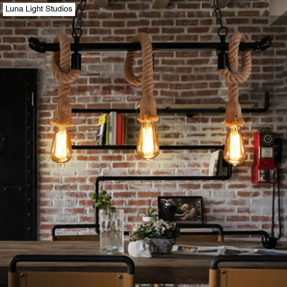 Industrial black water pipe hanging lamp with hemp rope dining room