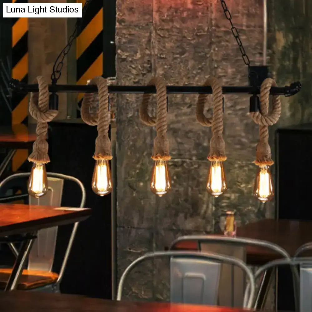 Industrial black water pipe hanging lamp with hemp rope dining room