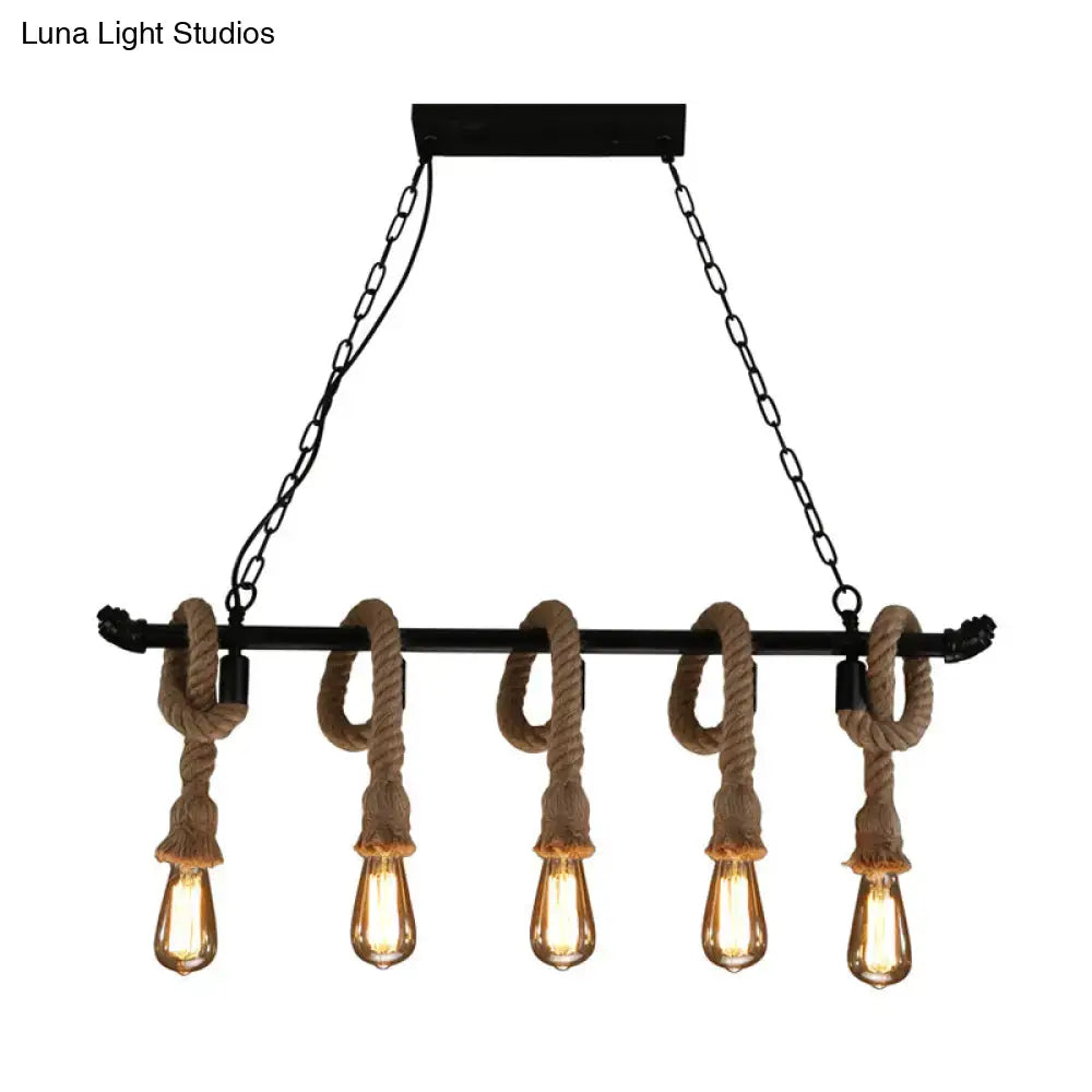 Industrial black water pipe hanging lamp with hemp rope dining room