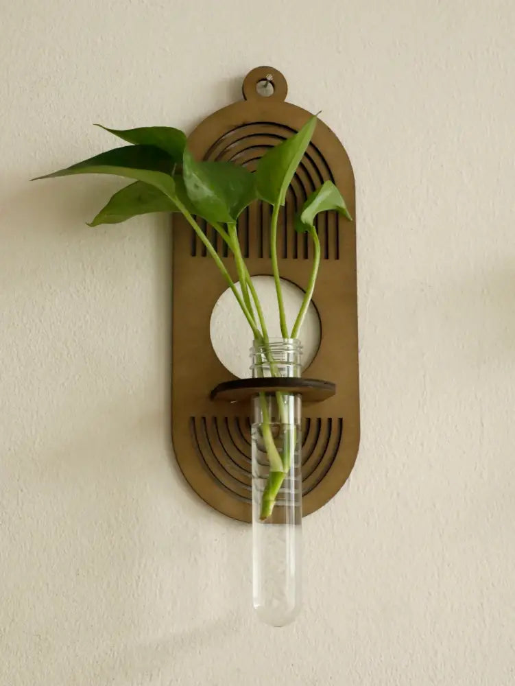 Rustic geometric wood wall vase with glass tube living room decor