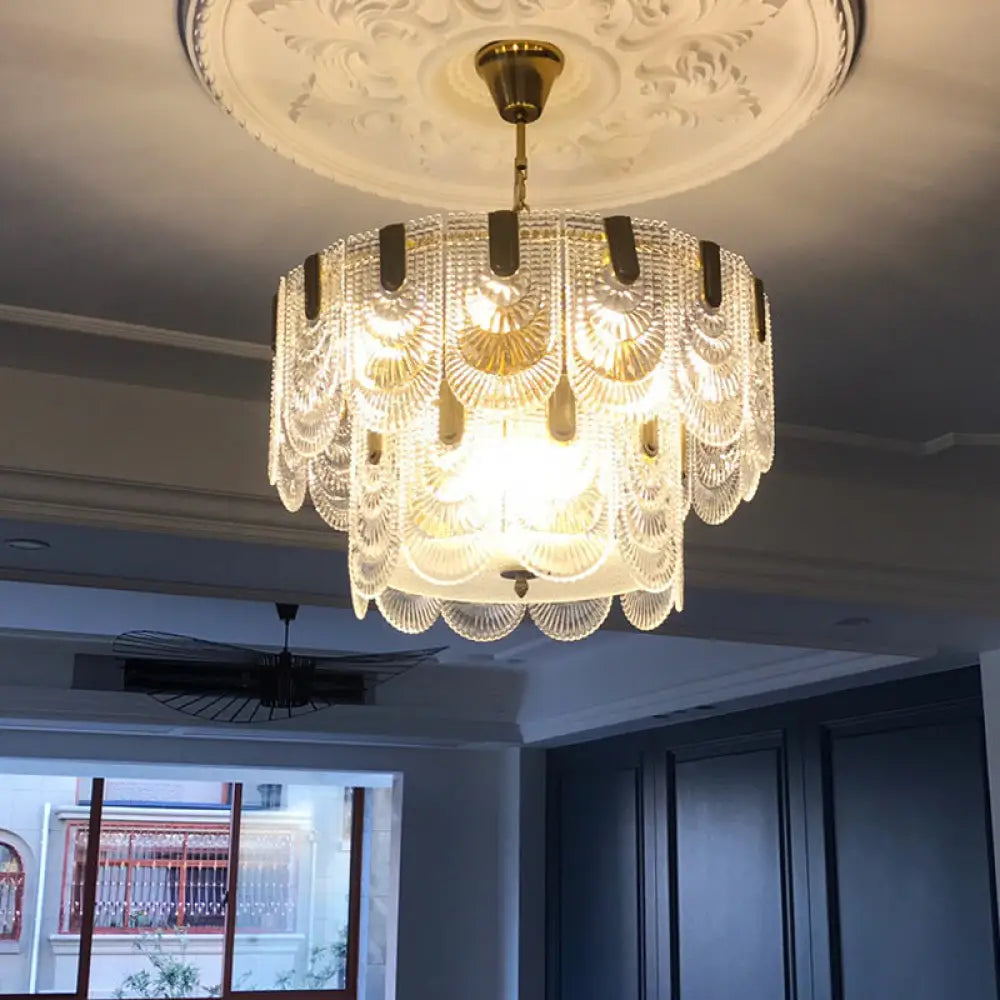 DecorBites™ Scalloped Clear Textured Glass Drop Lamp Classic Dining Room Chandelier Light Fixture in Brass
