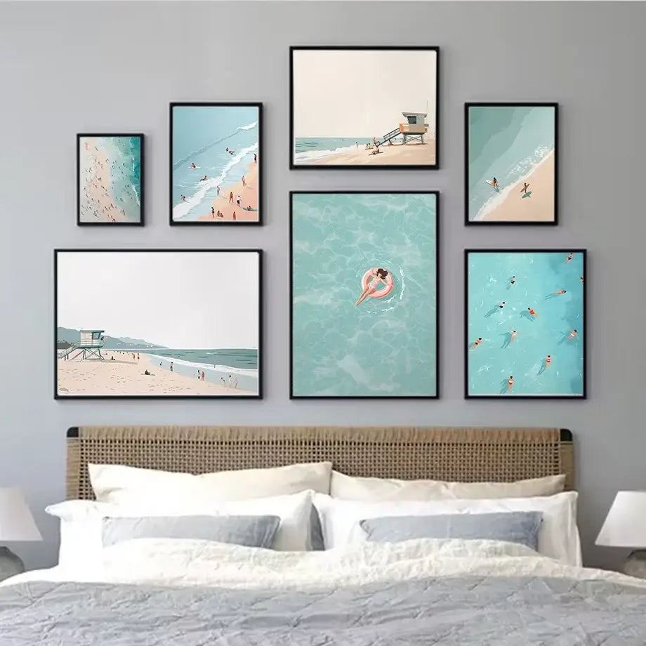 Serene beach watercolor illustration set of 7 framed bedroom art prints