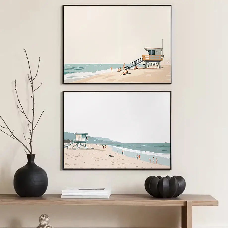 Serene beach watercolor illustration set of 7 framed bedroom art prints