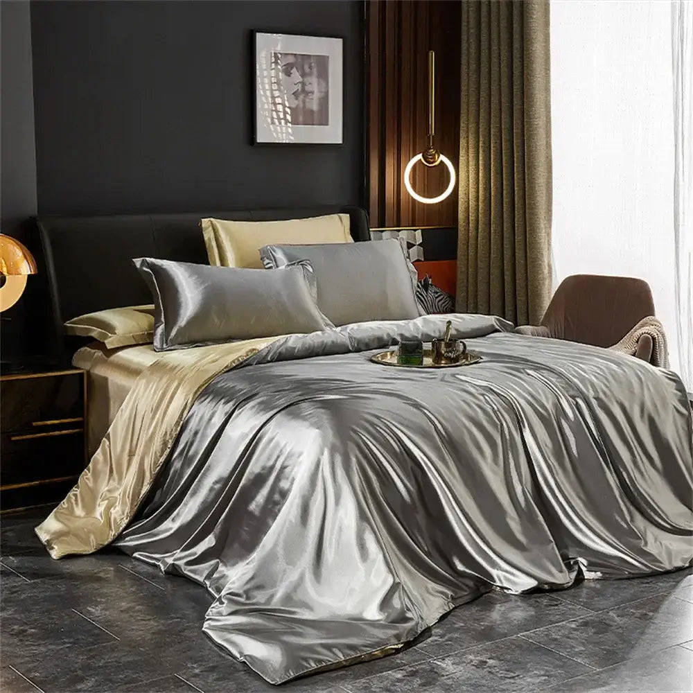 Luxury black satin duvet cover bedding set bedroom sheets