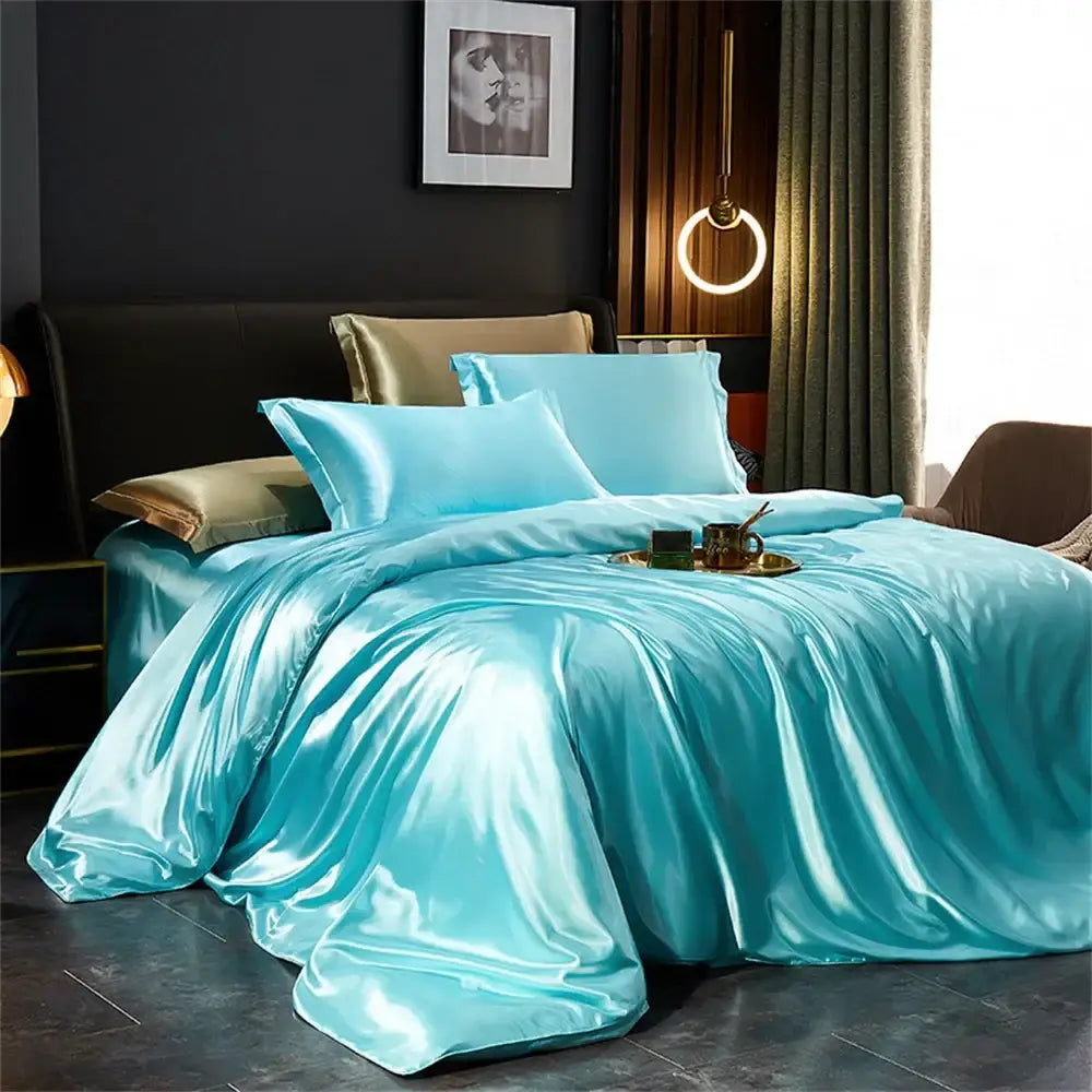 Luxury teal satin sheets and 3 pcs duvet cover bedroom bedding set