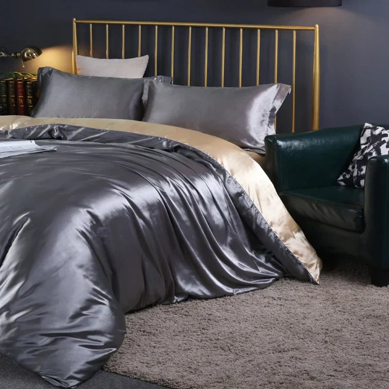 Luxury purple satin duvet cover and bed sheet set bedroom bedding