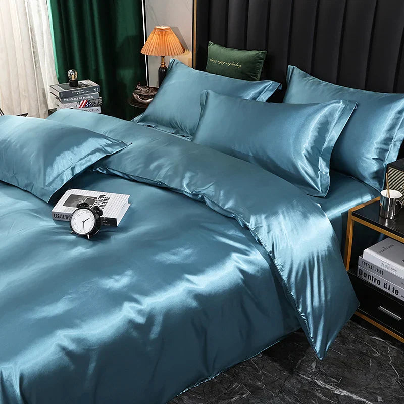 Luxury purple satin duvet cover and bed sheet set bedroom bedding