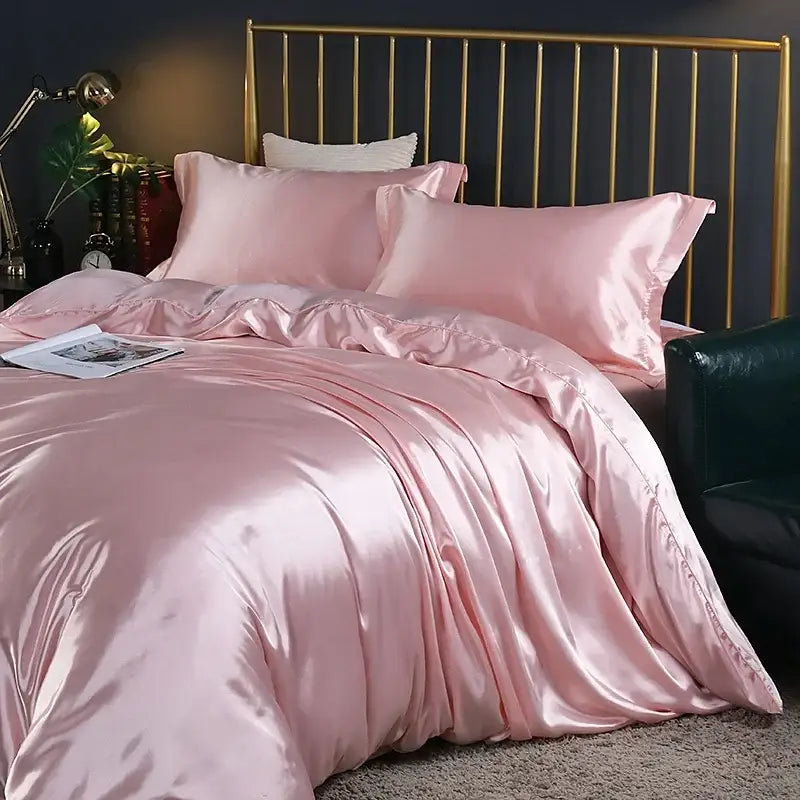 Luxury pink satin duvet cover set bedroom bed sheet and pillowcases