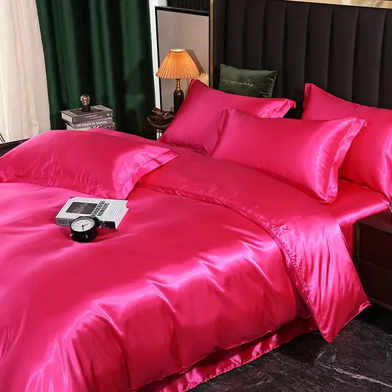 Luxury fuchsia satin duvet cover bedroom bedding set