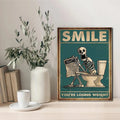 Vintage teal skeleton man squatting toilet canvas art bathroom decor