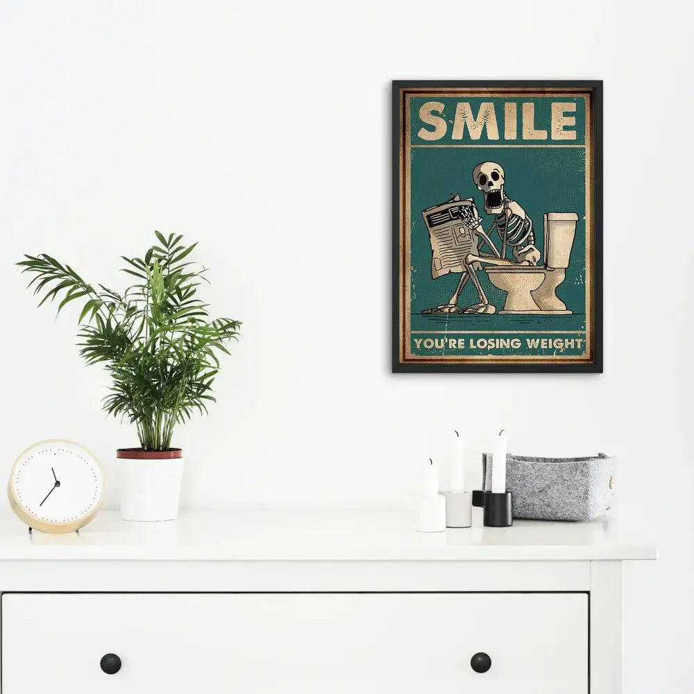 Vintage teal skeleton man squatting toilet canvas art bathroom decor