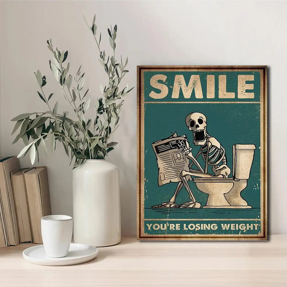 Vintage teal skeleton man squatting toilet canvas art bathroom decor