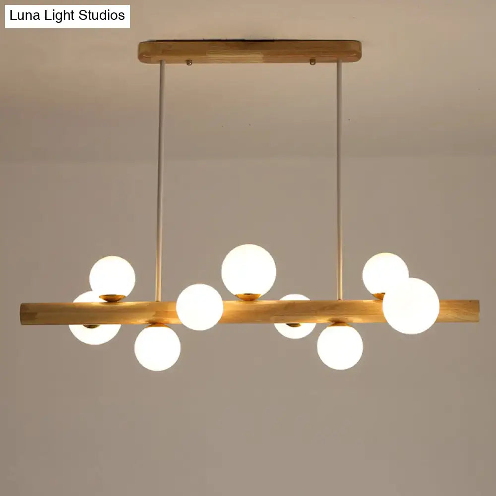 Modern wooden led ceiling light with cream glass shade dining room
