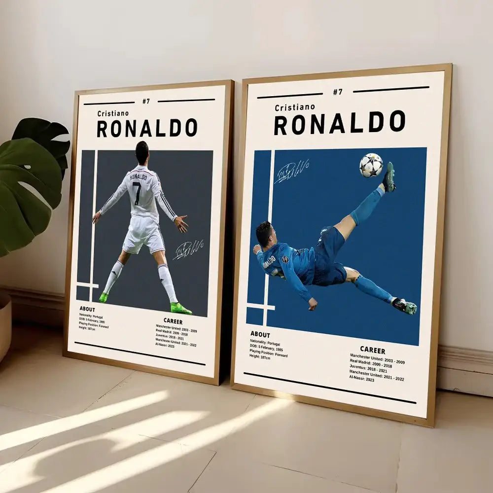 Modern soccer star ronaldo wall art bedroom framed posters white & blue