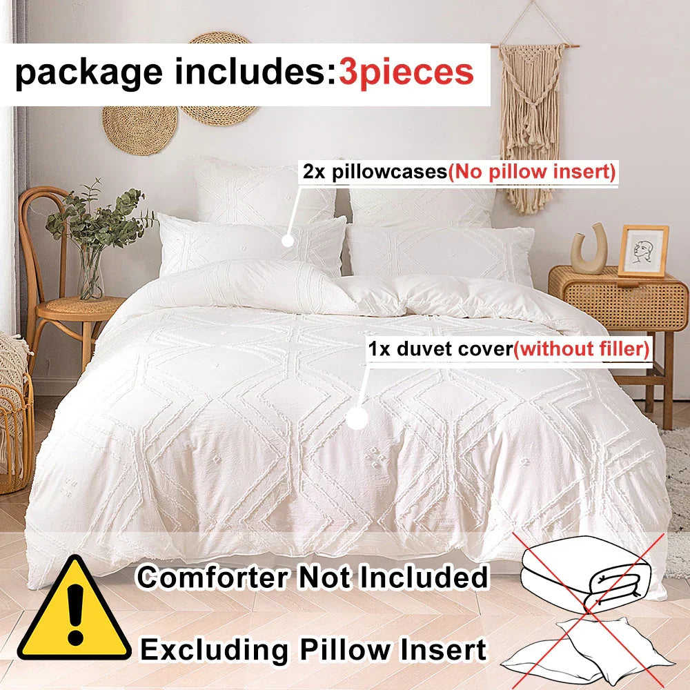 Beige quilted geometric duvet cover set bedroom frayed texture
