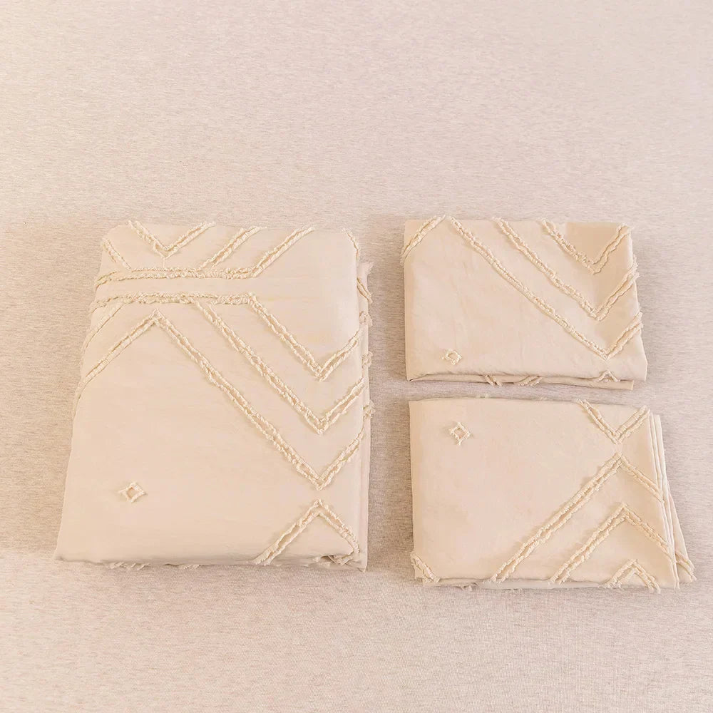 Beige quilted geometric duvet cover set bedroom frayed texture