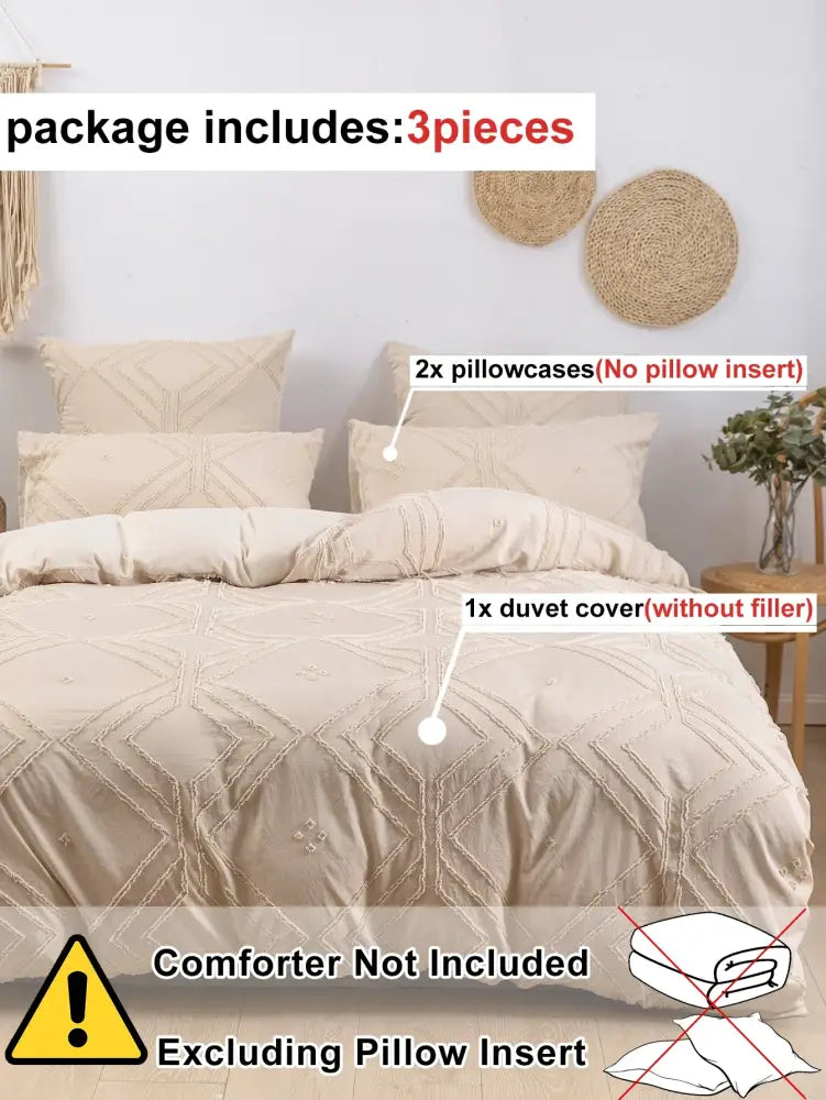 Beige quilted geometric duvet cover set bedroom frayed texture