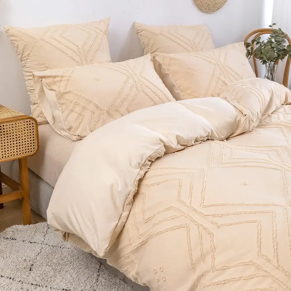 Beige quilted geometric duvet cover set bedroom frayed texture