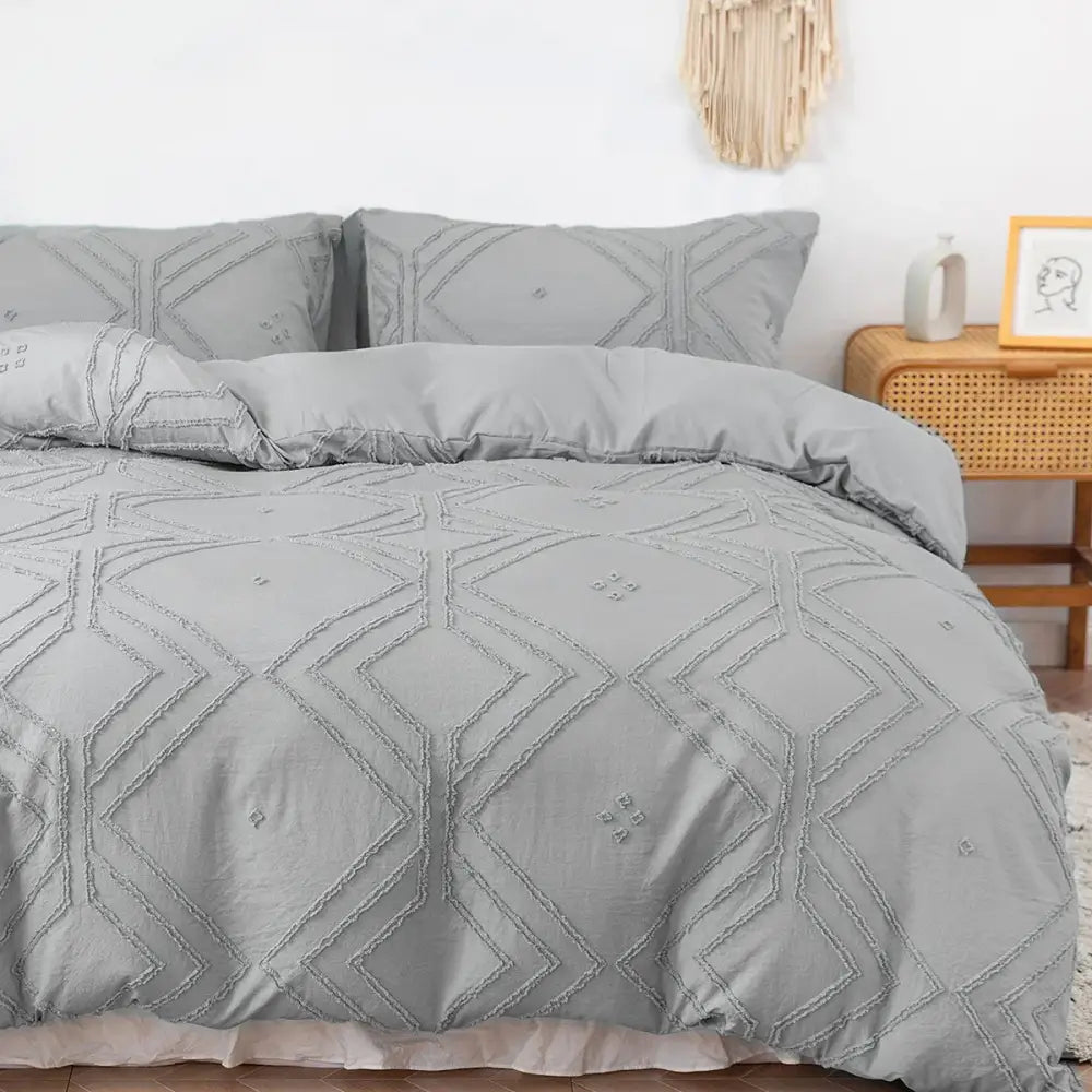 Beige quilted geometric duvet cover set bedroom frayed texture