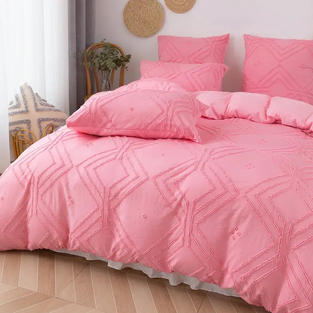 Beige quilted geometric duvet cover set bedroom frayed texture