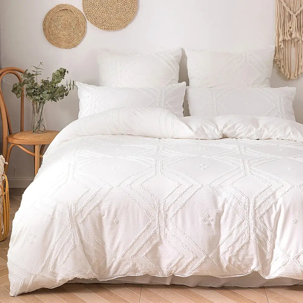 Beige quilted geometric duvet cover set bedroom frayed texture