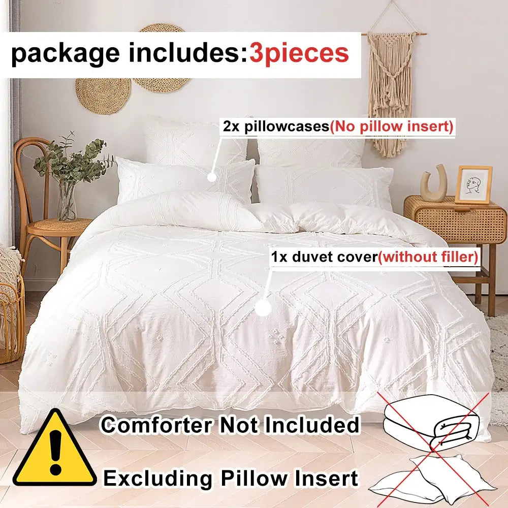 Beige quilted geometric duvet cover set bedroom frayed texture