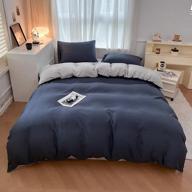 Navy and gray solid color brush fabric duvet cover set bedroom