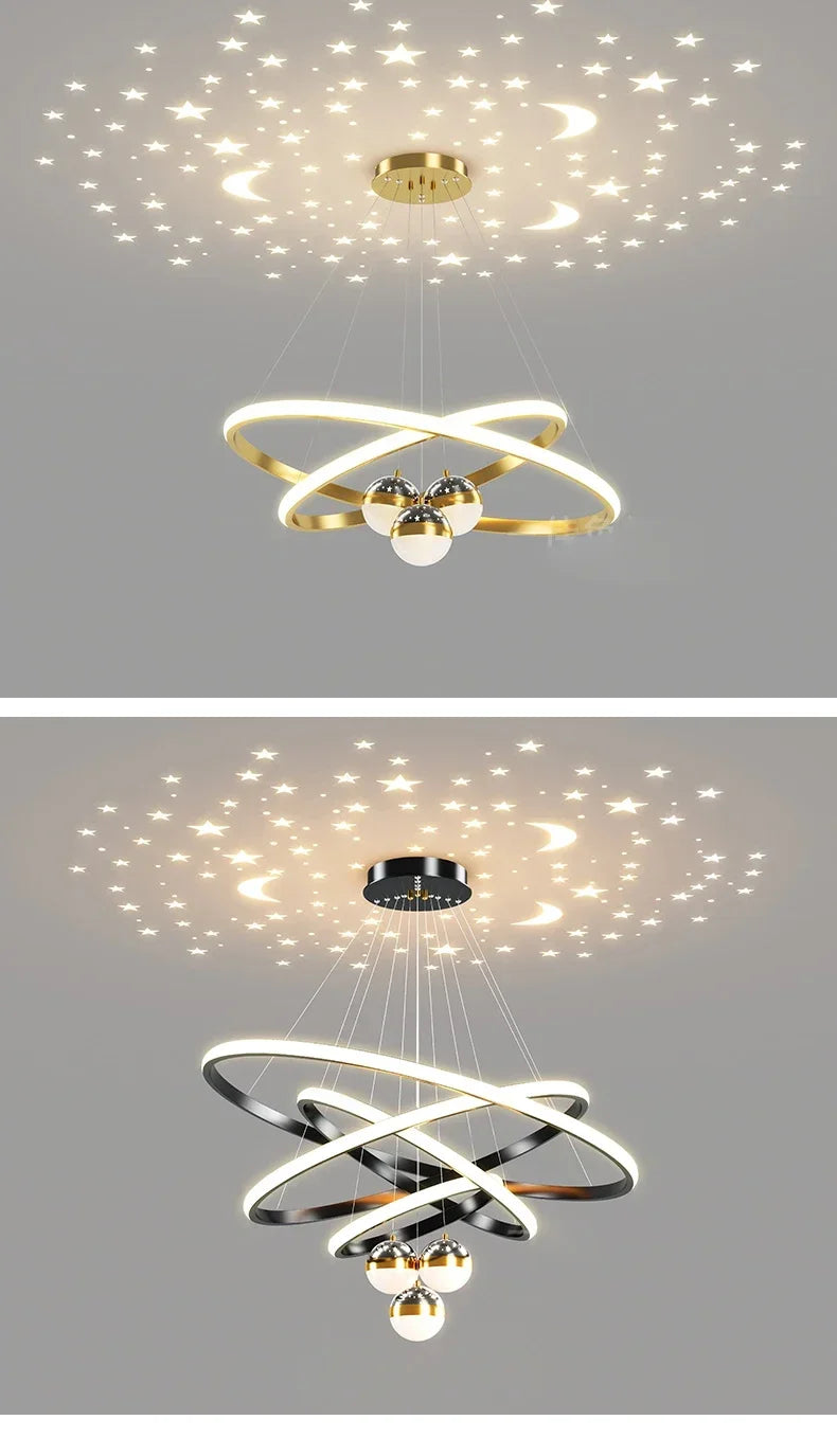 Modern black & gold starry sky led chandelier living room ring light