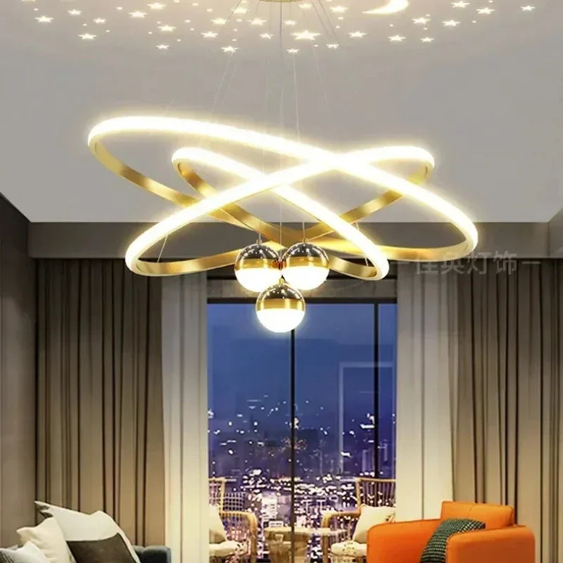 Modern black & gold starry sky led chandelier living room ring light