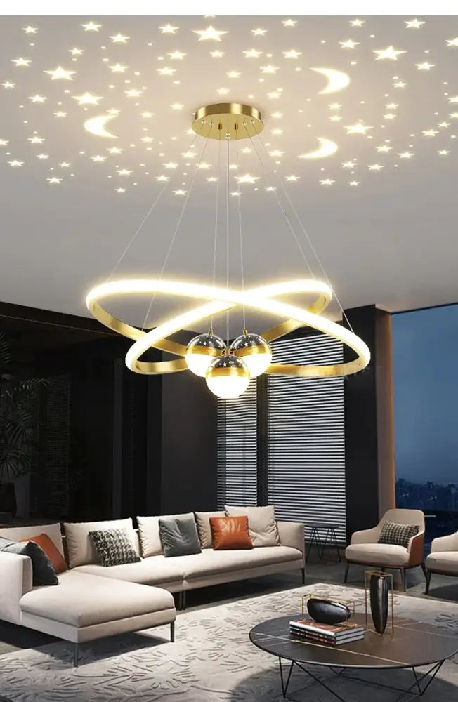 Modern black & gold starry sky led chandelier living room ring light
