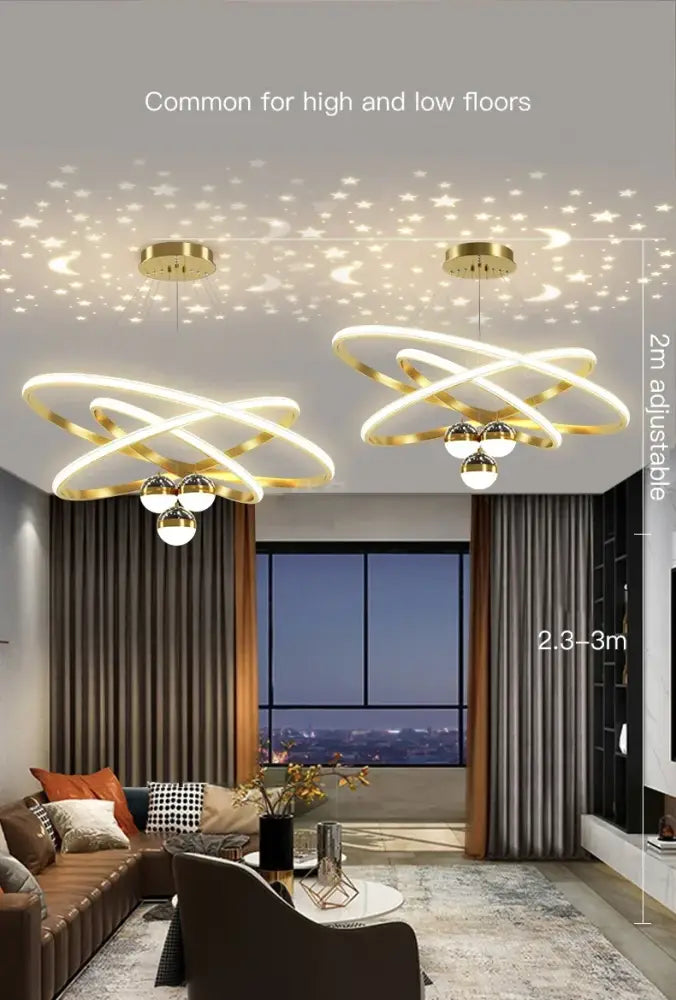Modern black & gold starry sky led chandelier living room ring light