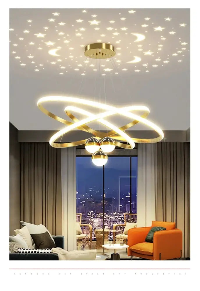 Modern black & gold starry sky led chandelier living room ring light