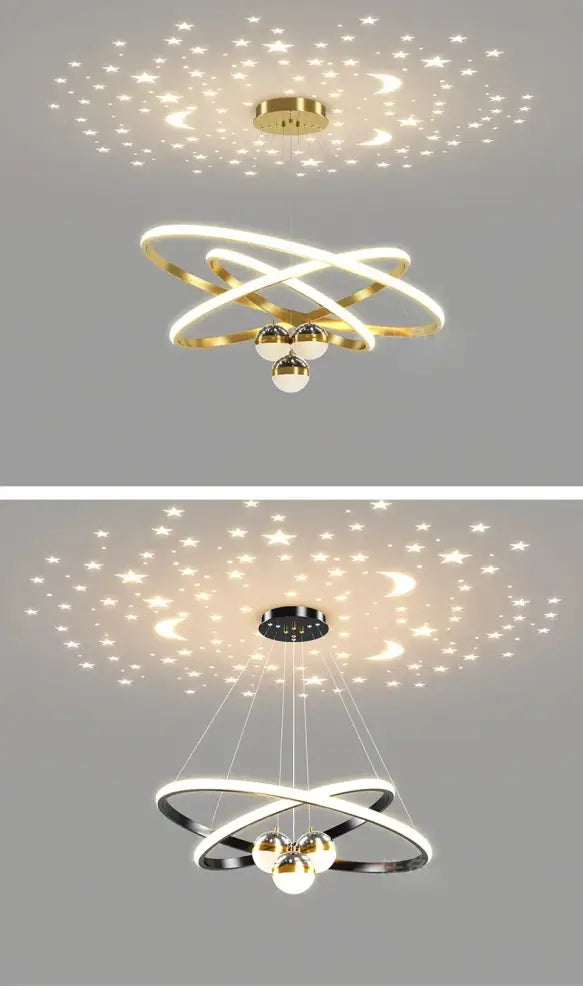 Modern black & gold starry sky led chandelier living room ring light