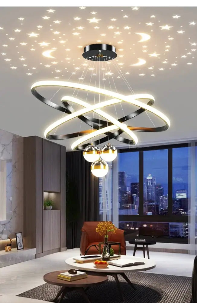 Modern black & gold starry sky led chandelier living room ring light