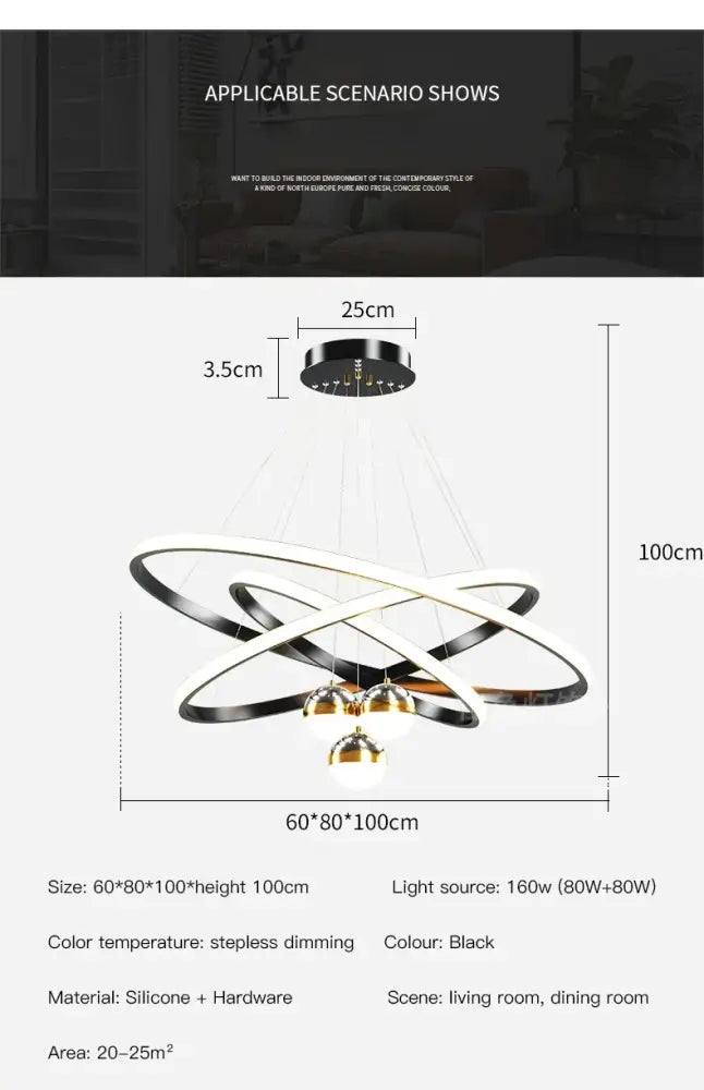 Modern black & gold starry sky led chandelier living room ring light