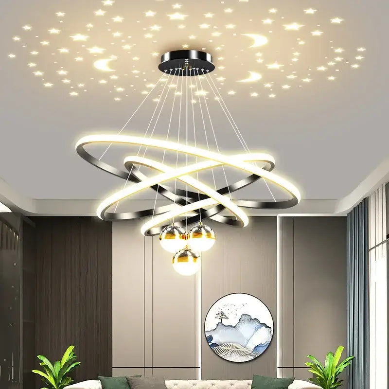 Modern black & gold starry sky led chandelier living room ring light