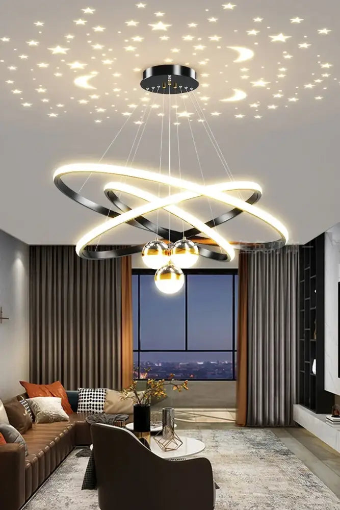 Modern black & gold starry sky led chandelier living room ring light