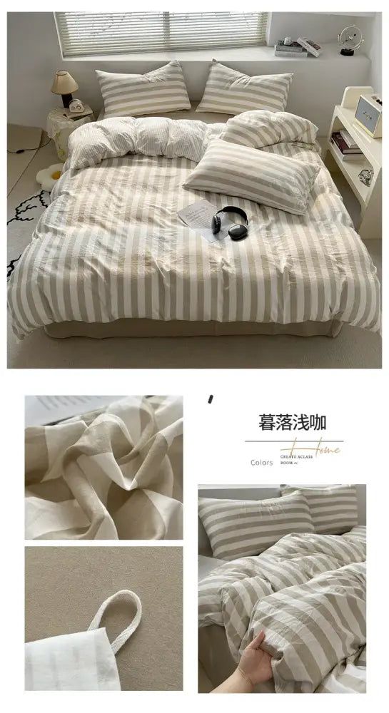 Striped cream & beige quilted quilt set with bed sheet bedroom