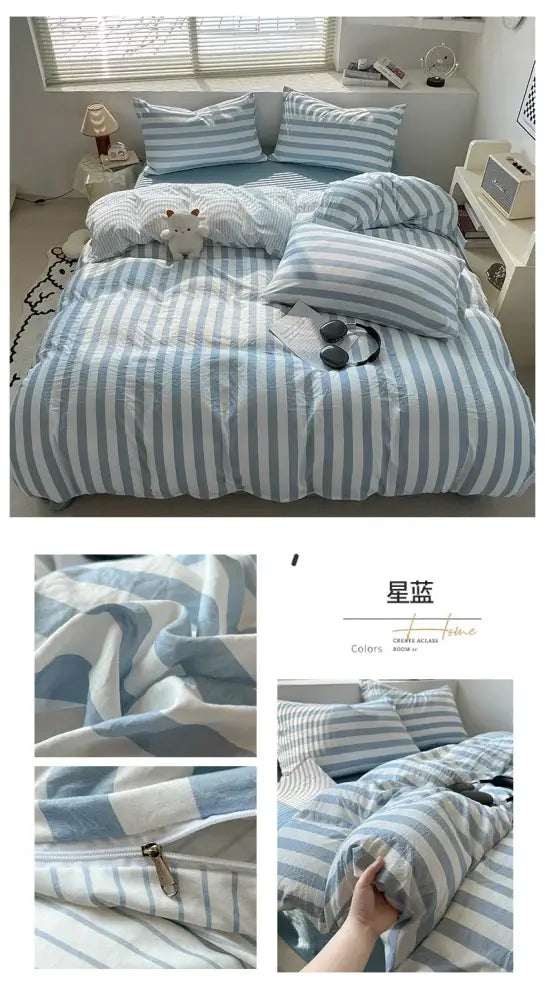 Striped cream & beige quilted quilt set with bed sheet bedroom