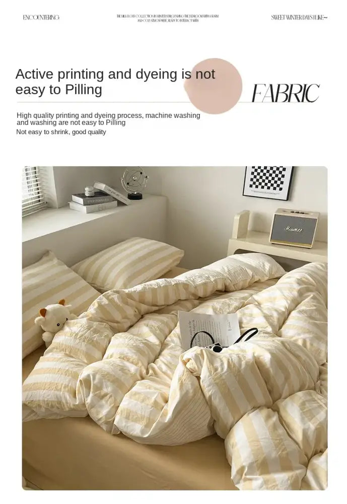 Striped cream & beige quilted quilt set with bed sheet bedroom