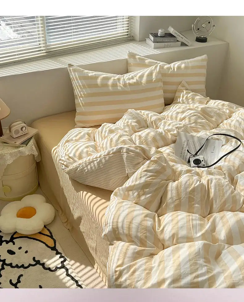 Striped cream & beige quilted quilt set with bed sheet bedroom