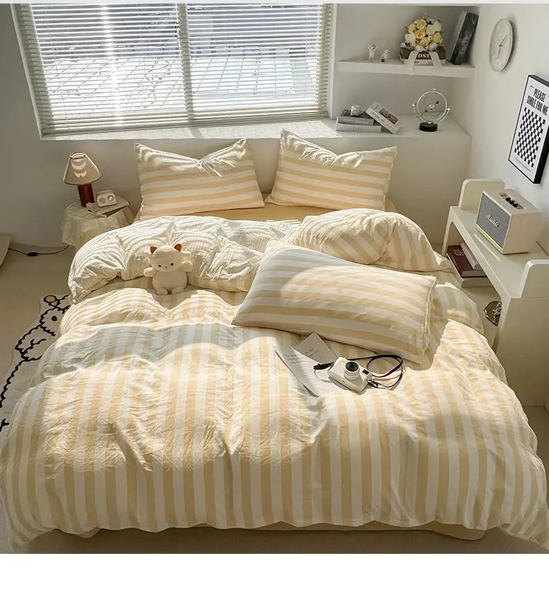 Striped cream & beige quilted quilt set with bed sheet bedroom