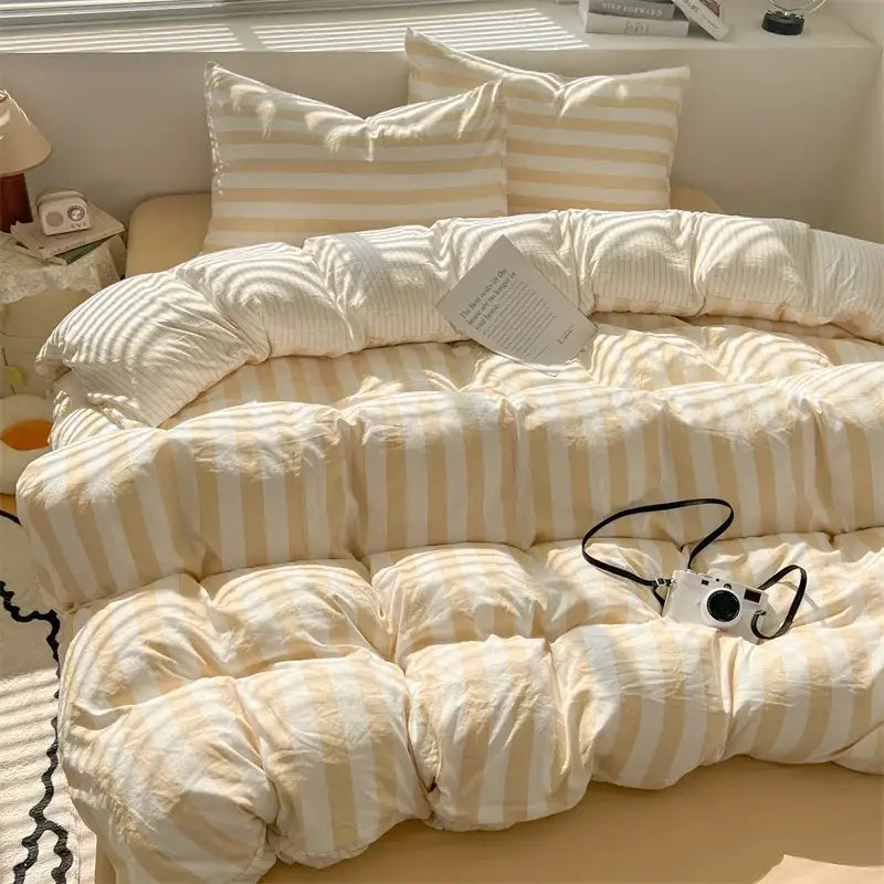Striped cream & beige quilted quilt set with bed sheet bedroom